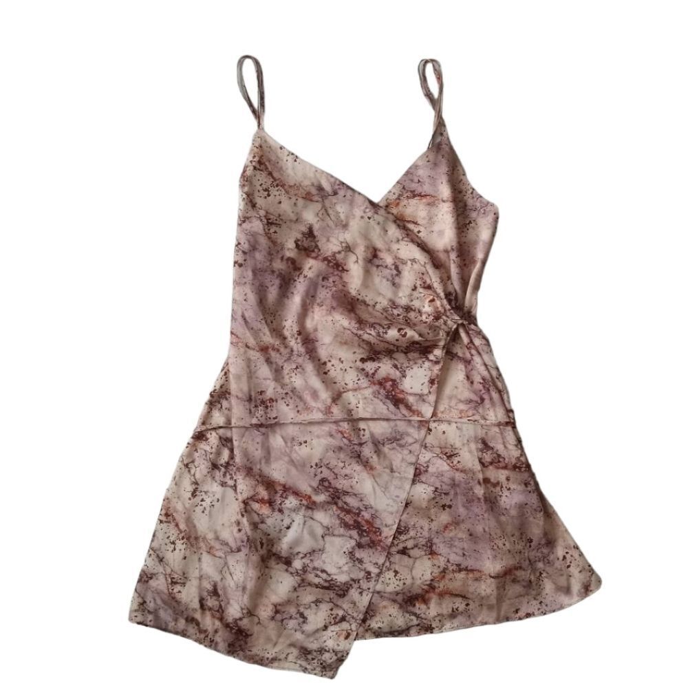 Zara Pink Brown Marbled Splatter Print Satin Mini Wrap Style Dress Women's XS